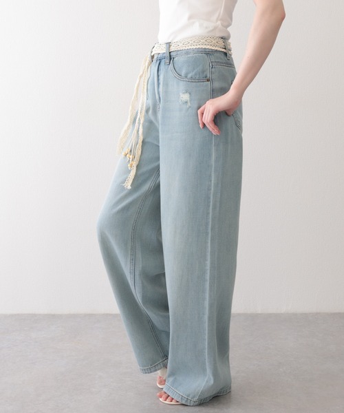 Lace Ladies(レースレディース)の「ハイウエスト クラッシュ ベルト付き ストレート デニムパンツ(デニムパンツ・レディース・ブルー/アイボリー・S/M/L/XL)」の5枚目の写真