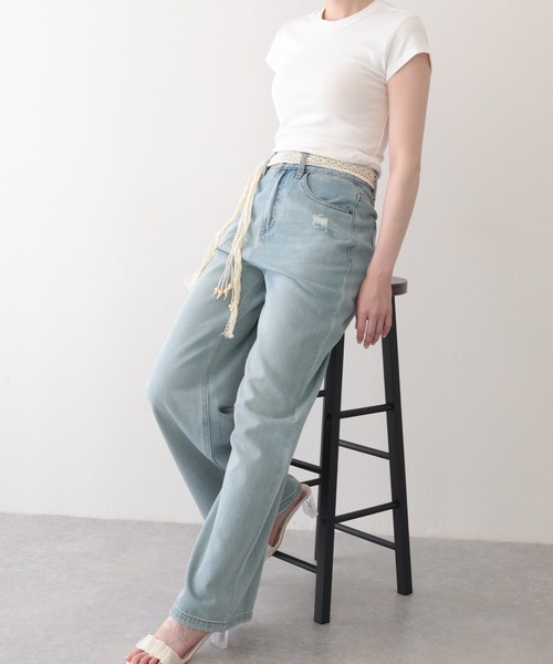 Lace Ladies(レースレディース)の「ハイウエスト クラッシュ ベルト付き ストレート デニムパンツ(デニムパンツ・レディース・ブルー/アイボリー・S/M/L/XL)」の7枚目の写真