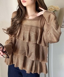 ふんわり大人フェミニン♪ティアードフリルモヘアタッチメッシュ編みニット(長袖)
