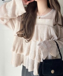 ふんわり大人フェミニン♪ティアードフリルモヘアタッチメッシュ編みニット(長袖)
