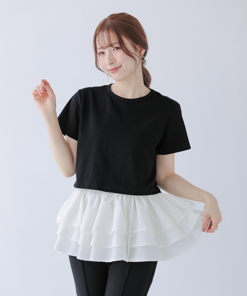 Fit more（フィットモア）の「裾ドッキング刺繍Tシャツ（Tシャツ/カットソー・レディース・ピンク/ブルー/ブラック・FREE）」の5枚目の写真