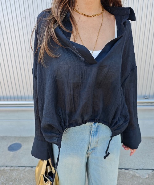 esutoreja（エストレジャ）の「スキッパーシフォンシャツ（シャツ/ブラウス・レディース・グレイッシュベージュ/ブラック/ホワイト・FREE）」の6枚目の写真