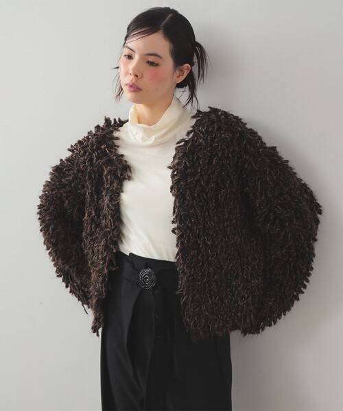Ray BEAMS（レイビームス）の「ミックス ループ編み ニット ジャケット（ニット/セーター・レディース・ダークブラウン/ベージュ・ONE SIZE）」の2枚目の写真