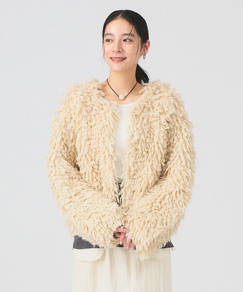 Ray BEAMS（レイビームス）の「ミックス ループ編み ニット ジャケット（ニット/セーター・レディース・ダークブラウン/ベージュ・ONE SIZE）」の5枚目の写真