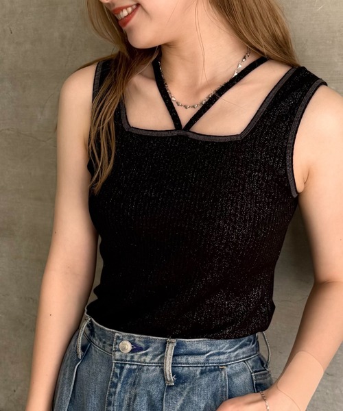 DOUBLE NAME（ダブルネーム）の「ラメテレコホルターネックタンクトップ（タンクトップ・レディース・ブラック/オフホワイト/グレー・FREE）」の12枚目の写真