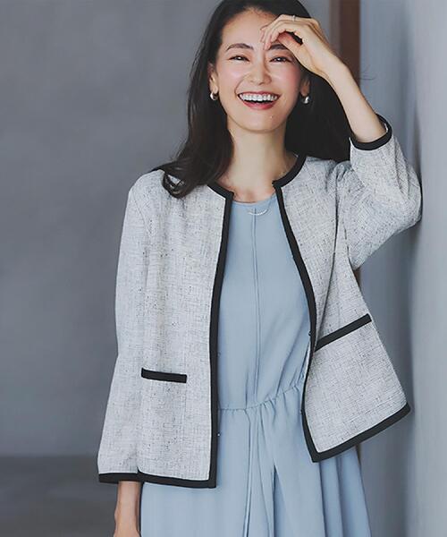 新品　Reflect リフレクト ノーカラージャケット　ツイード イタリア生地 セール】【軽い着心地】メッシュツイードジャケット（ノーカラー