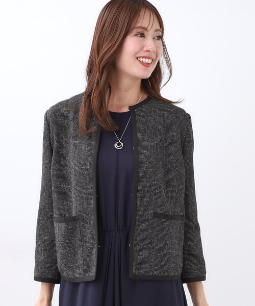 セール】【軽い着心地】メッシュツイードジャケット（ノーカラー