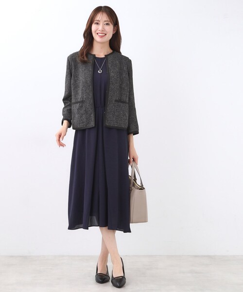 セール】【軽い着心地】メッシュツイードジャケット（ノーカラー