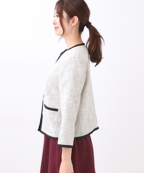 セール】【軽い着心地】メッシュツイードジャケット（ノーカラー
