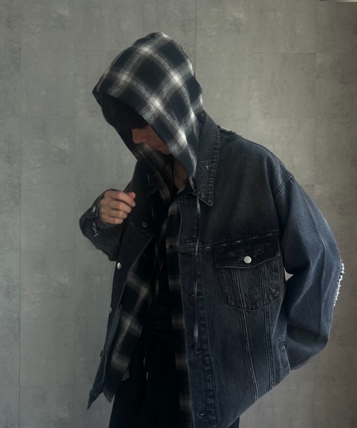 CREARE -LINO-（クレアーレリノ）の「〈ユニセックス商品〉フード付きチェックシャツ（シャツ/ブラウス・メンズ・ブラック/アイボリー/レッド/ブラック系その他2/オレンジ/ブラック系その他/ブラウン・FREE）」の9枚目の写真