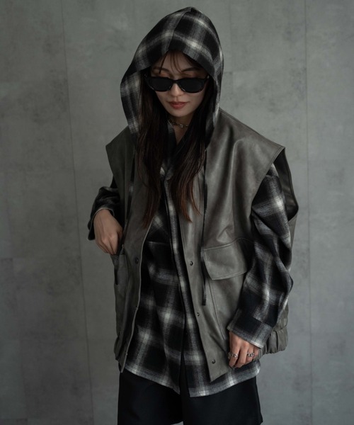 BAGARCH ユニセックス ショップ ダメージ加工チェック柄 トレンチ