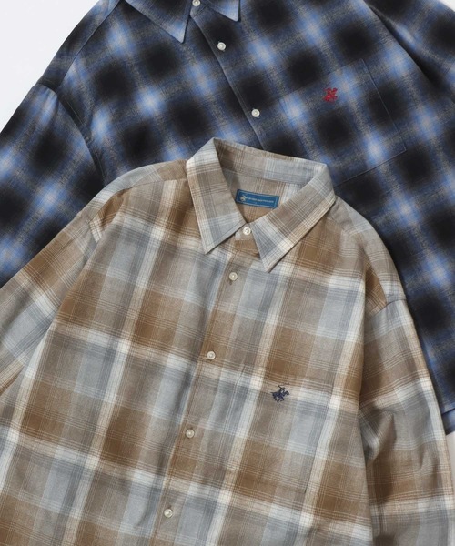 Lazar（ラザル）の「BEVERLY HILLS POLO CLUB/ビバリーヒルズポロクラブ オーバーサイズ ロゴ ワンポイント刺繍 フランネルチェックシャツ/オンブレチェックシャツ/レディース メンズ（シャツ/ブラウス・メンズ・グレー/ブルー/ブラック/ベージュ・M/L/LL）」の3枚目の写真