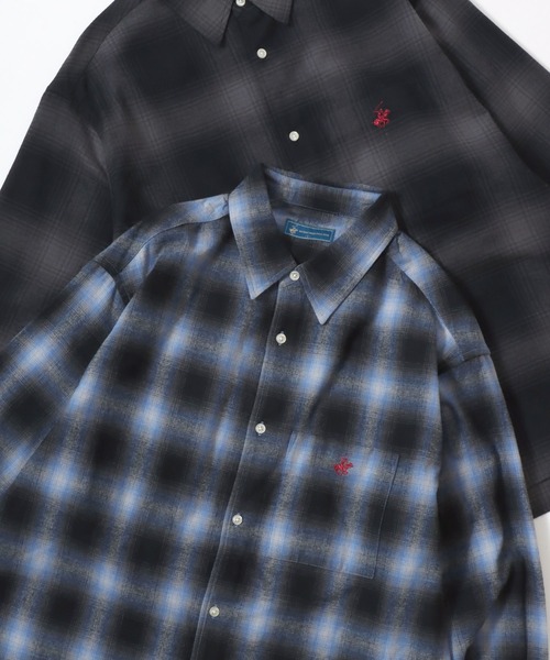 Lazar（ラザル）の「BEVERLY HILLS POLO CLUB/ビバリーヒルズポロクラブ オーバーサイズ ロゴ ワンポイント刺繍 フランネルチェックシャツ/オンブレチェックシャツ/レディース メンズ（シャツ/ブラウス・メンズ・グレー/ブルー/ブラック/ベージュ・M/L/LL）」の4枚目の写真