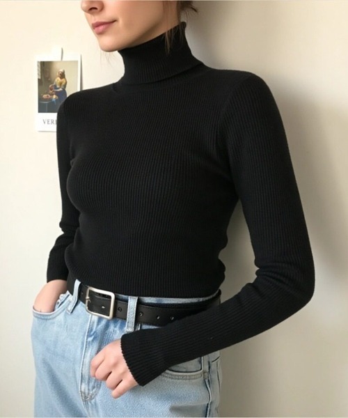 cammie(キャミー)の「タートルネックリブニット(ニット/セーター・レディース・ブラック/グレー/ベージュ/ブルー/キャメル・F)」の2枚目の写真