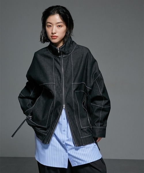 セール】Wジップデザインゆったりサイズステッチデニムジャケット