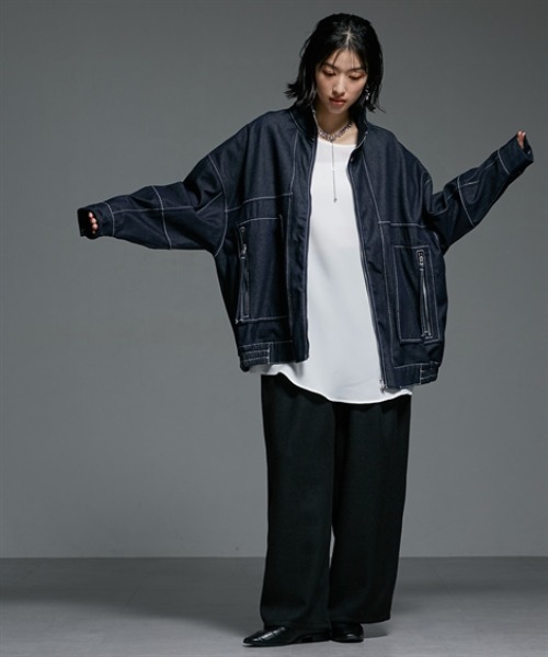 Soiunique（スワユニーク）の「Wジップデザインゆったりサイズステッチデニムジャケット ［Soiunique］（デニムジャケット・レディース・ブラック/インディゴブルー・FREE）」の6枚目の写真