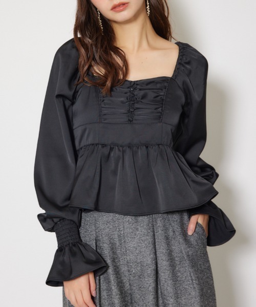 rienda(リエンダ)の「ギャザーペプラムブラウス 秋服 冬服(シャツ/ブラウス・レディース・ピンク/ブルー/ブラック・FREE)」の1枚目の写真