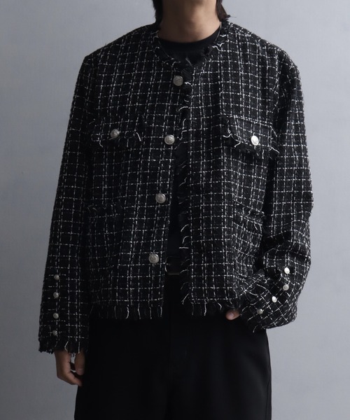 ツイードカットオフフリンジ シルバーボタンショートノーカラー