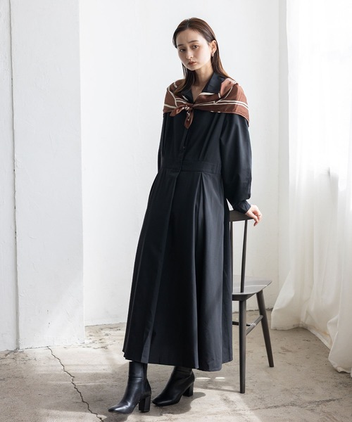 No Rule No Line(ノール-ルノーライン)の「タックフレアー長袖ロングワンピース(ワンピース・レディース・ベージュ系/ブラック・FREE)」の10枚目の写真