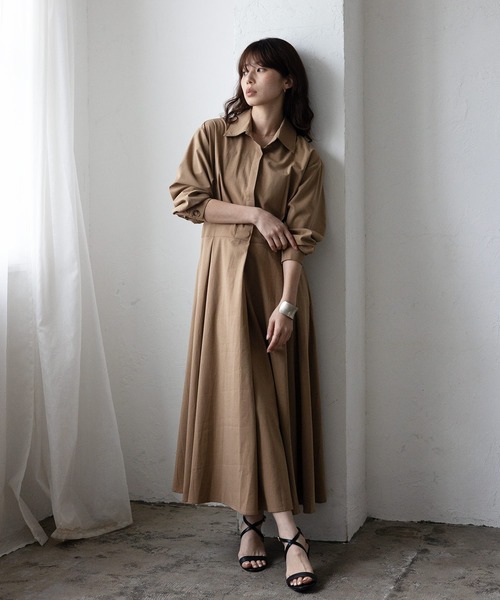 No Rule No Line(ノール-ルノーライン)の「タックフレアー長袖ロングワンピース(ワンピース・レディース・ベージュ系/ブラック・FREE)」の3枚目の写真