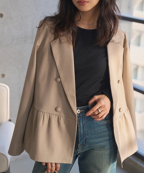 KOBE LETTUCE（コウベレタス）の「ペプラムジャケット（テーラードジャケット・レディース・ブラック/モカ・M）」の2枚目の写真