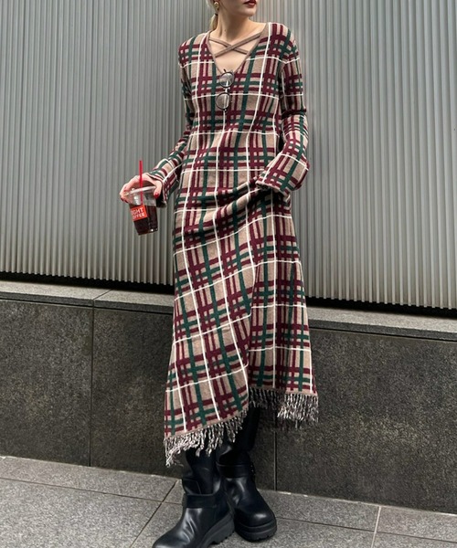 2WAY HANDWRITING CHECK KNIT DRESS（ワンピース）｜Ameri（アメリ）の