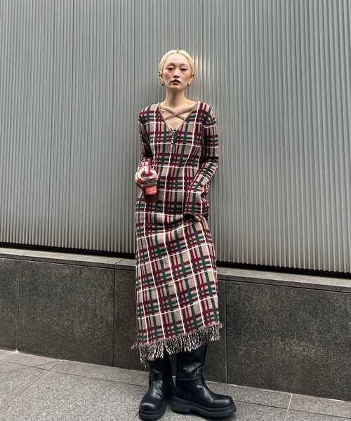 AMERI ワンピース 2WAY HANDWRITING CHECK KNIT DRESS（ワンピース）｜Ameri（アメリ）の