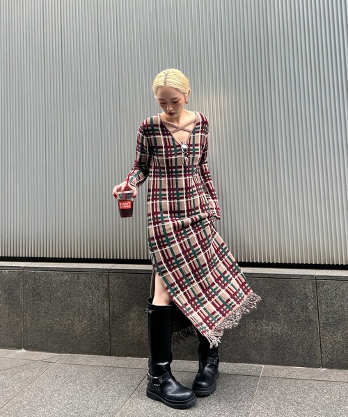 2WAY HANDWRITING CHECK KNIT DRESS（ワンピース）｜Ameri（アメリ）の
