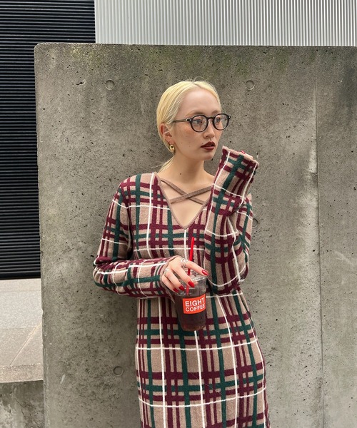 2WAY HANDWRITING CHECK KNIT DRESS（ワンピース）｜Ameri（アメリ）の
