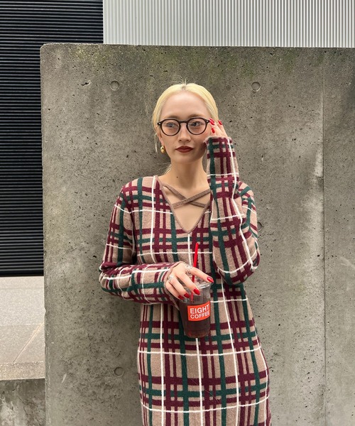 2WAY HANDWRITING CHECK KNIT DRESS（ワンピース）｜Ameri（アメリ）の