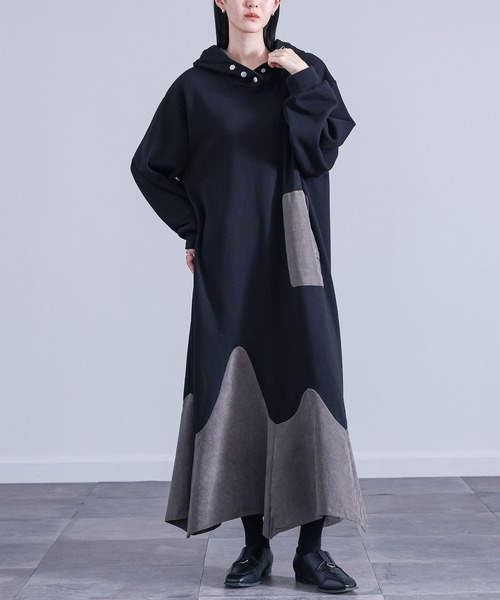 kOhAKU（コハク）の「『異素材切替裏シャギーワンピース』（ワンピース・レディース・チャコールグレー/ブラック・FREE）」の2枚目の写真