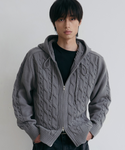 NODU（ノードユー）の「ミックスケーブルニットフードジップアップ[グレー]（パーカー・メンズ・その他・MEDIUM/LARGE）」の2枚目の写真