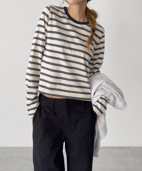 CANAL JEAN(キャナルジーン)の「Lakey Park マルチボーダーロングTシャツ(Tシャツ/カットソー・レディース・グレー/クリーム/グリーン・ONE SIZE)」の2枚目の写真