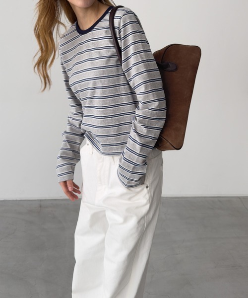 CANAL JEAN(キャナルジーン)の「Lakey Park マルチボーダーロングTシャツ(Tシャツ/カットソー・レディース・グレー/クリーム/グリーン・ONE SIZE)」の13枚目の写真