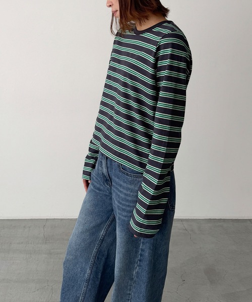 CANAL JEAN(キャナルジーン)の「Lakey Park マルチボーダーロングTシャツ(Tシャツ/カットソー・レディース・グレー/クリーム/グリーン・ONE SIZE)」の9枚目の写真