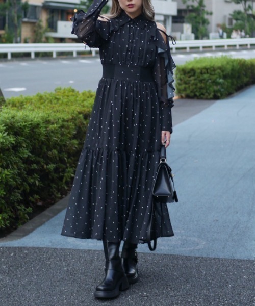 フリルスリーブニットドッキングワンピ 秋服 冬服