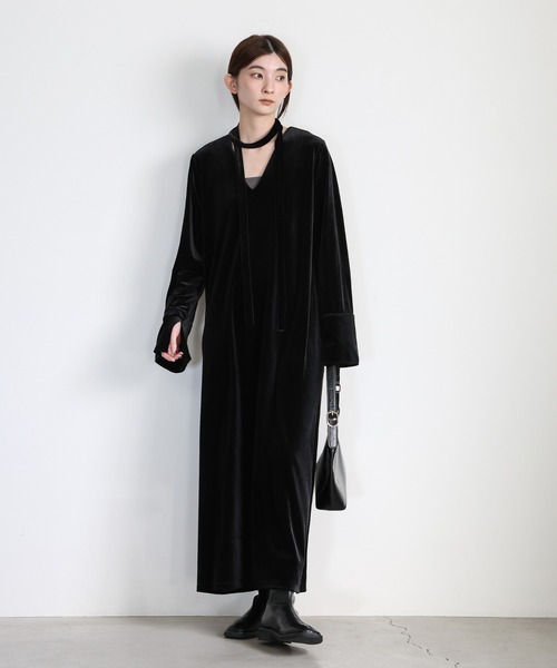 ボウタイリボンVネックベロアワンピース（ワンピース）｜select MOCA