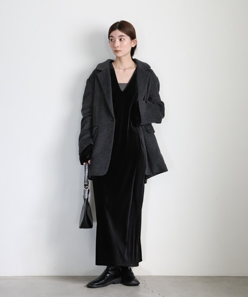 セール】ボウタイリボンVネックベロアワンピース（ワンピース