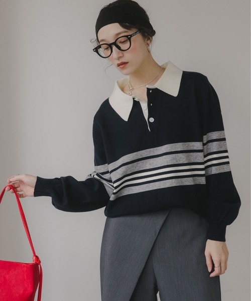 210nouve(トゥージュヌーブ)の「マルチボーダー ポロ襟 ニット(ニット/セーター・レディース・ブルー/グレー/イエロー・FREE)」の2枚目の写真