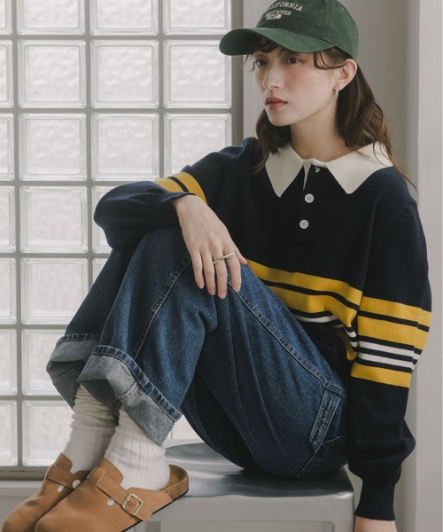 セール】マルチボーダー ポロ襟 ニット（ニット/セーター）｜210nouve