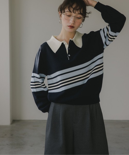 セール】マルチボーダー ポロ襟 ニット（ニット/セーター）｜210nouve