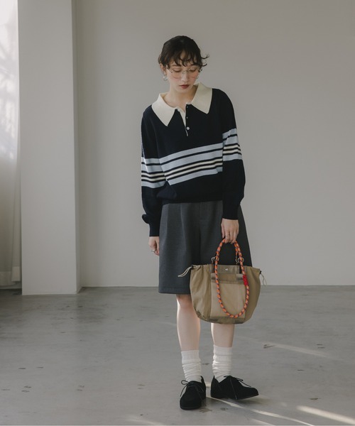 210nouve(トゥージュヌーブ)の「マルチボーダー ポロ襟 ニット(ニット/セーター・レディース・ブルー/グレー/イエロー・FREE)」の11枚目の写真