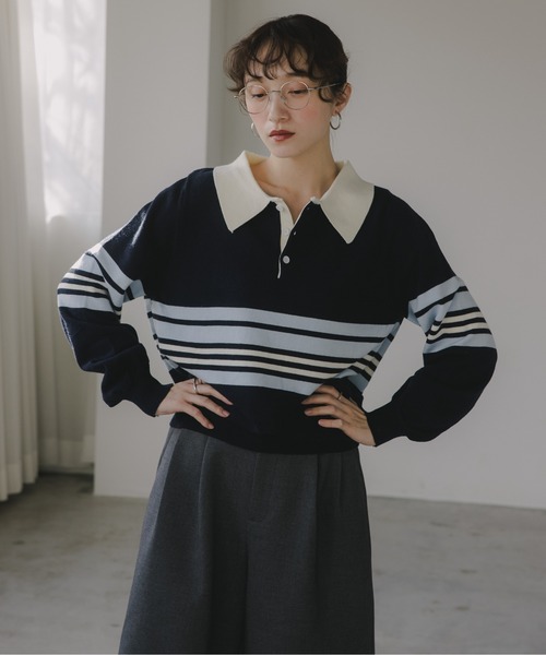 210nouve(トゥージュヌーブ)の「マルチボーダー ポロ襟 ニット(ニット/セーター・レディース・ブルー/グレー/イエロー・FREE)」の7枚目の写真