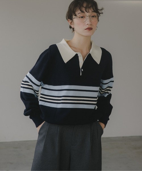 セール】マルチボーダー ポロ襟 ニット（ニット/セーター）｜210nouve