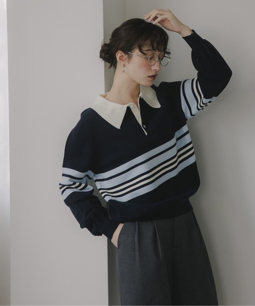 210nouve(トゥージュヌーブ)の「マルチボーダー ポロ襟 ニット(ニット/セーター・レディース・ブルー/グレー/イエロー・FREE)」の6枚目の写真