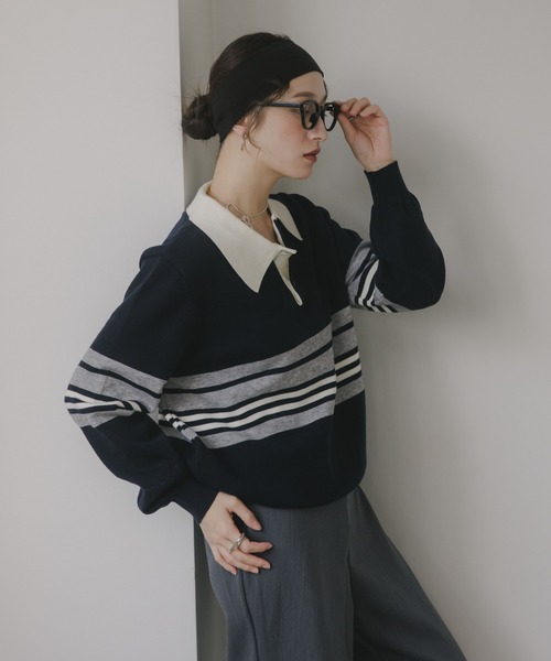 210nouve(トゥージュヌーブ)の「マルチボーダー ポロ襟 ニット(ニット/セーター・レディース・ブルー/グレー/イエロー・FREE)」の21枚目の写真