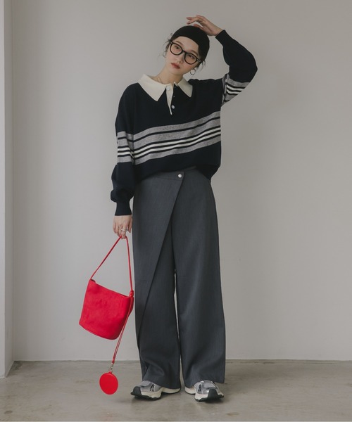 210nouve(トゥージュヌーブ)の「マルチボーダー ポロ襟 ニット(ニット/セーター・レディース・ブルー/グレー/イエロー・FREE)」の15枚目の写真