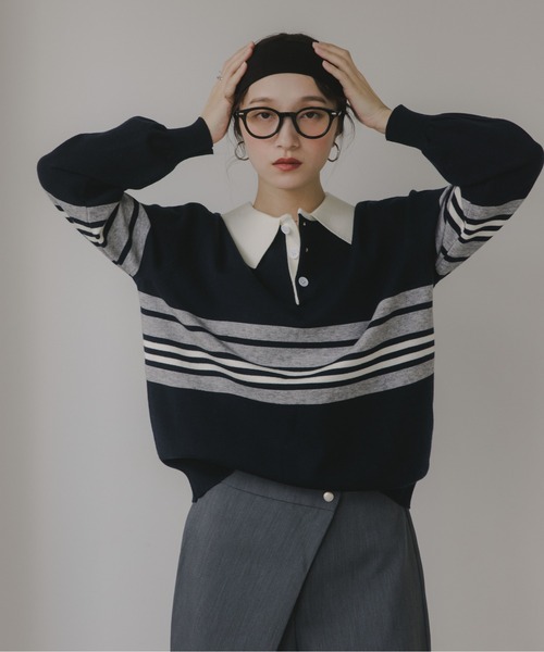 210nouve(トゥージュヌーブ)の「マルチボーダー ポロ襟 ニット(ニット/セーター・レディース・ブルー/グレー/イエロー・FREE)」の20枚目の写真