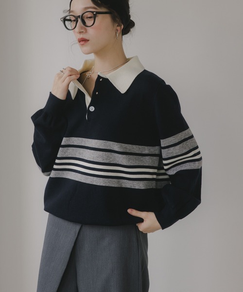 210nouve(トゥージュヌーブ)の「マルチボーダー ポロ襟 ニット(ニット/セーター・レディース・ブルー/グレー/イエロー・FREE)」の22枚目の写真