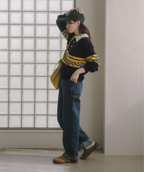 210nouve(トゥージュヌーブ)の「マルチボーダー ポロ襟 ニット(ニット/セーター・レディース・ブルー/グレー/イエロー・FREE)」の14枚目の写真